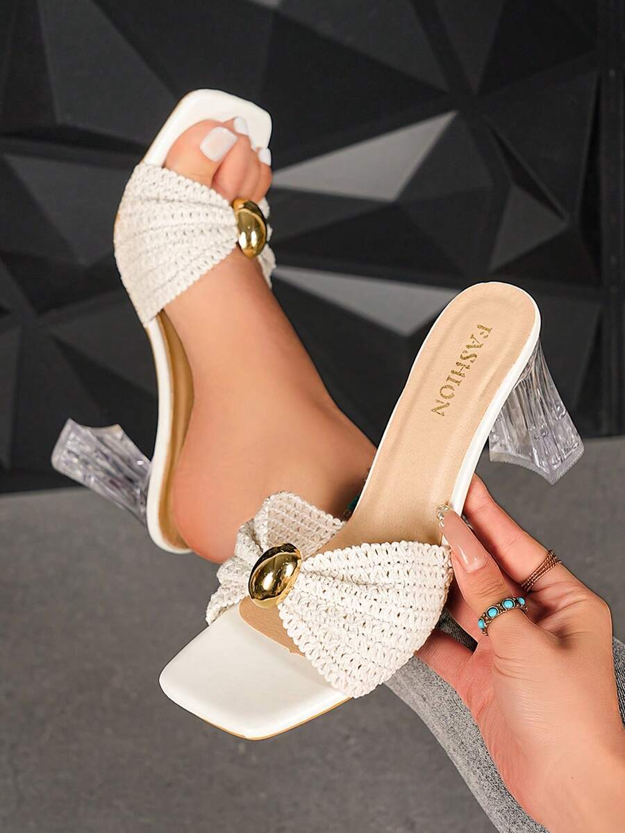 Beige Crochet Square Toe Transparent Thick Heel Mueller Cool Drag Metal Buckle Temperament High Heels Wedding Party Beach Vacation Women's Shoes - 米色 - 查看 1