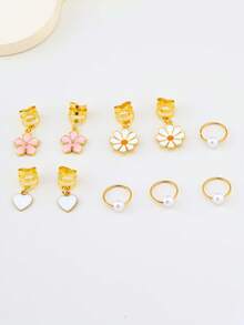 10pcs Boho Gold Hair Cuffs With Flower & Heart Charms – Pearl Braid Jewelry Set - Gold - View 4
