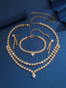 优雅新娘首饰套装，4件套，闪耀迷人的项链、耳环、手链组合 - 金色 - 查看 4