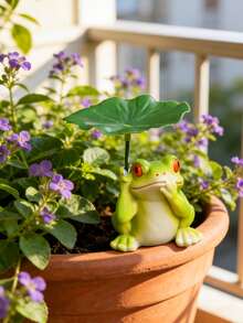1PC Cute Resin Turtle & Frog Figurine With Leaf Umbrella, Mini Garden Statue For Outdoor Patio, Yard, Lawn, Flower Pot, Bonsai, Micro Landscape, Home Desk Decor, Whimsical Animal Ornament Gift. - Multicolor - View 8