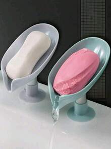 1pc, Leaf Shape Soap Dish With Drain, Suction Soap Holder Tray For Bathroom Accessories, Soap Container, Bathroom Storage And Organization (Grey, Green) Home Bathroom Decor Fall Decor Back To School - Multicolor - View 2