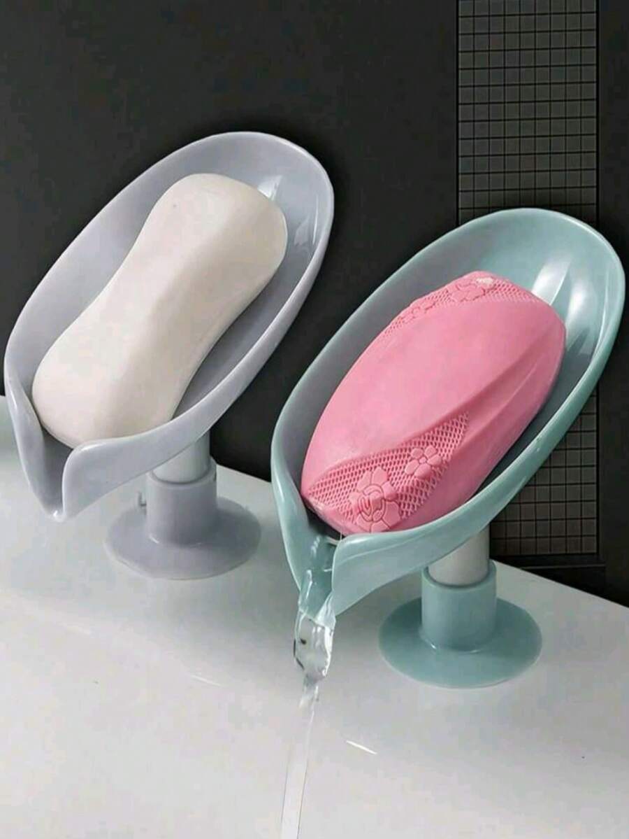 1pc, Leaf Shape Soap Dish With Drain, Suction Soap Holder Tray For Bathroom Accessories, Soap Container, Bathroom Storage And Organization (Grey, Green) Home Bathroom Decor Fall Decor Back To School