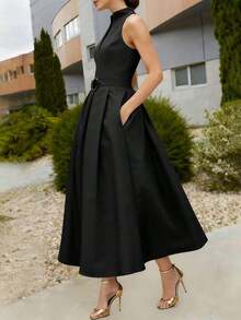 Women's Elegant Tie-Waist A-Line Dress, New Spring/Summer & Summer/Autumn Styles, Sleeveless V-Neck, Office/Commute Dress Black - 杏色 - 查看 10