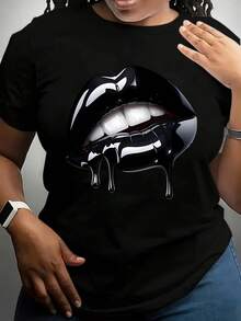 Glossy Black Lip Graphic Plus Size Women's T-Shirt - Stylish Casual Tee With Shiny Dripping Lips, Perfect For Everyday Wear And  Outfits - 黑色 - 查看 1