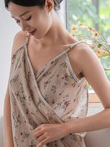 Đầm/áo choàng hai dây bằng vải gạc cotton mỏng nhẹ in họa tiết, áo choàng tắm/đồ ngủ gợi cảm lãng mạn. - Màu nâu  Mocha - Xem 5