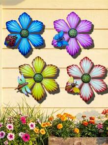 1pc/4pcs/Set Vibrant Metal Chrysanthemum Flower With Insect Decor, Suitable For All Seasons Garden Decoration, Wall, Porch, Yard, Fence, Outdoor Hanging, Party Decor, Ideal Garden Accessory, Mother's Day Gift - A - View 1