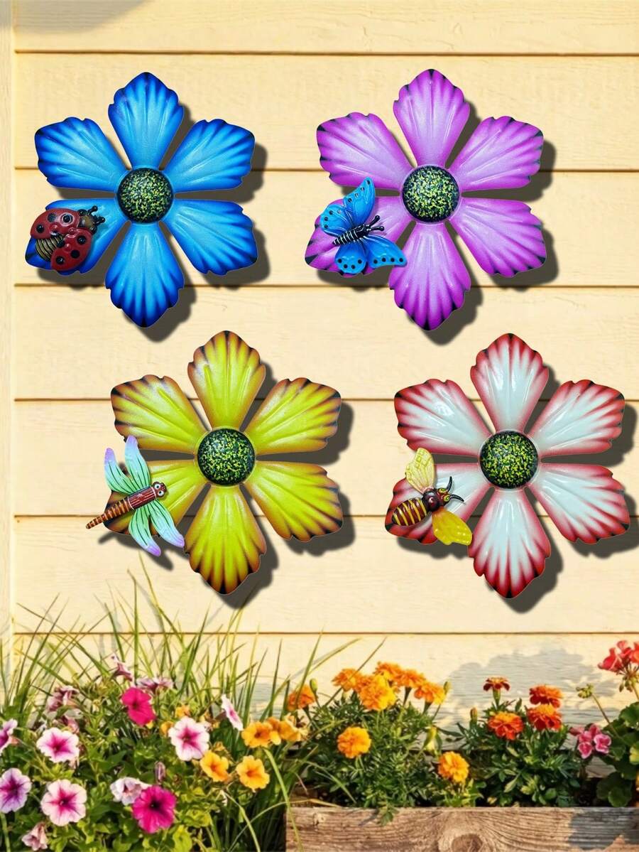 1pc/4pcs/Set Vibrant Metal Chrysanthemum Flower With Insect Decor, Suitable For All Seasons Garden Decoration, Wall, Porch, Yard, Fence, Outdoor Hanging, Party Decor, Ideal Garden Accessory, Mother's Day Gift - A - View 1