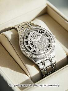 Đồng hồ nữ GUESS sang trọng, mặt số lộ máy màu bạc, viền pha lê, mặt kính khoáng, dây đeo thép không gỉ, hiển thị ngày và thứ, đồng hồ đeo tay thời trang đa chức năng, máy quartz, chống nước 3ATM, món quà hoàn hảo GW0604L1 - Bạc - Xem 1