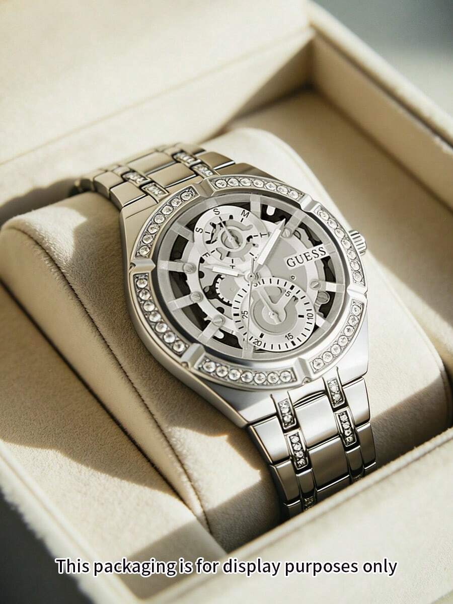 Đồng hồ nữ GUESS sang trọng, mặt số lộ máy màu bạc, viền pha lê, mặt kính khoáng, dây đeo thép không gỉ, hiển thị ngày và thứ, đồng hồ đeo tay thời trang đa chức năng, máy quartz, chống nước 3ATM, món quà hoàn hảo GW0604L1 - Bạc - Xem 1