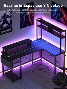 L Shaped Gaming Desk, Reversible 45.3" Small Corner Desk with Power Outlet and LED Lights, Corner Gaming Desk with Storage Shelves, Hooks and Hooks for Small Space, Black - Negro - Ver 4