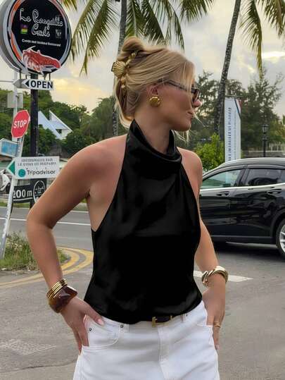 MUMRAP Women's Sexy Elegant Solid Color Backless Camisole Crop Top, Summer Black