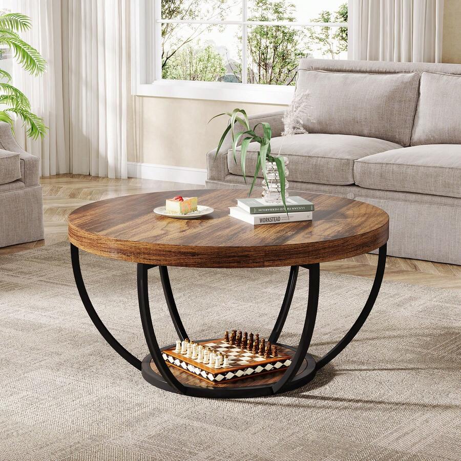 Round Coffee Table, 31.7" Wooden 2-Tier Circle Coffee Table With Storage Shelves, Modern Accent Cocktail Table Center Table For Living Room, Rustic Brown - Rustic Brown - View 1