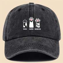 1pc Fun Cat Paw "ROCK PAPER SCISSORS" Printed Baseball Cap, Breathable And Comfortable, Black Vintage Dad Hat, Adjustable Size, Unisex Truck Driver Cap, Ideal Outdoor Sun Hat For Men And Women, Perfect Gift For Mom On Valentine'S Day, Mother'S Day, Or Birthday. ,Mother's Day Gifts - 黑色 - 查看 1