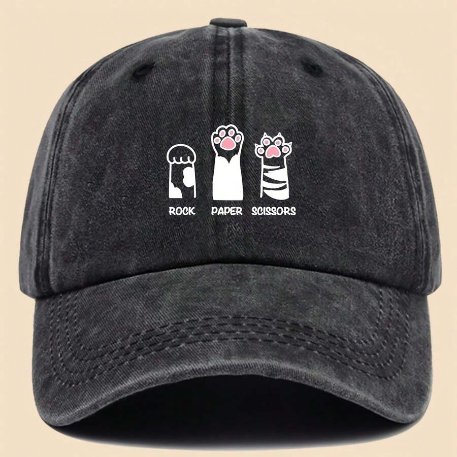 1pc Fun Cat Paw "ROCK PAPER SCISSORS" Printed Baseball Cap, Breathable And Comfortable, Black Vintage Dad Hat, Adjustable Size, Unisex Truck Driver Cap, Ideal Outdoor Sun Hat For Men And Women, Perfect Gift For Mom On Valentine'S Day, Mother'S Day, Or Birthday. ,Mother's Day Gifts - 黑色 - 查看 1