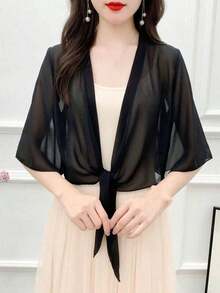 1pc Chiffon Shawl Cover Up For Women, Short Lightweight Shrug For Spring/Summer, Versatile Beach Cover Up, Sun Protection - Xám - Xem 5