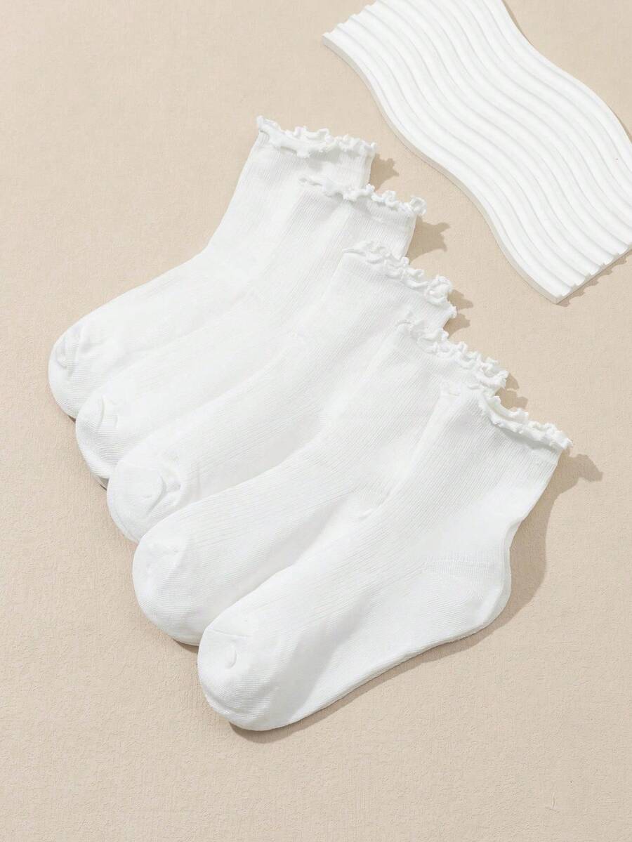 5 pares de calcetines de media caña con volantes de unicolor para mujer, primavera/verano - Blanco - Ver 1