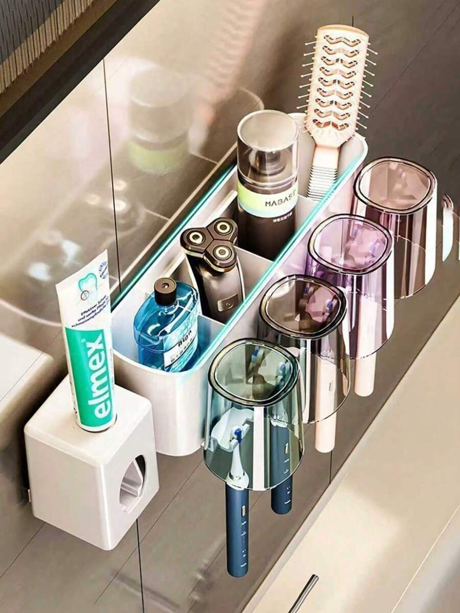 1pc Automatic Toothpaste Dispenser With Toothbrush Holder, Wall-Mounted Toothbrush Storage Rack With Rinse Cup, Space-Saving Bathroom Organizer For Toothbrush And Cup, Home Bathroom Decor, Autumn, Back To School - White - View 1