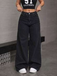 High-Waisted Wide-Leg Denim Trousers, Grey-Black, Elastic, With A Good Drape - 深灰色 - 查看 2