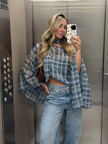 HH 女士时尚圆领蝙蝠袖格子围巾披肩，优雅女士春季服装 - 藏蓝色 - 查看 3