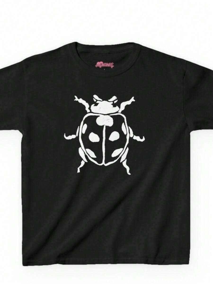 Bug Baby Tee, 90s TrendyLadybug Shirt, Y2K Vintage Insect Weirdcore Coquette Top, Grunge Aesthetic Baby Tee 2000s Retro Punk Ladybug TShirt - 黑色 - 查看 1