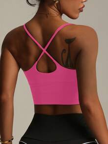 Damen einfarbiger drahtloser Kreuzträger modischer gestrickter Sporttop Frühling - Heißes Pink - Übersicht 2