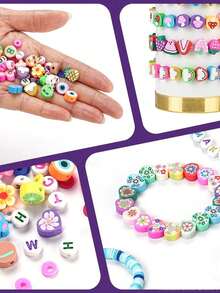 1包/15颗/26颗聚合物粘土珠手链饰品制作套装，120颗/900颗/1880颗随机卡通软粘土珠，花朵、水果、动物隔珠，适用于DIY饰品、手链、耳环、工艺品，是送给女孩的绝佳礼物 - 彩色 - 查看 3