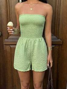 Women's Green Textured Ruched Bandeau Jumpsuit, Strapless Cinched Waist Bubble Crinkle Romper, Backless Tie-Front Bandeau Jumpsuit For Spring/Summer Vacation Elegant - Light Green - View 5