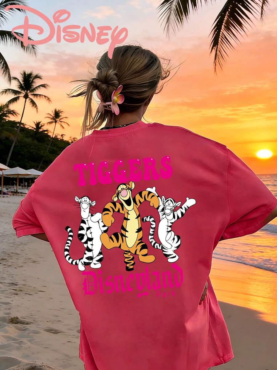 Casual Women's Disney Tigger Pink Short Sleeve Round Neck Regular Sweatshirt Perfect For Vacation Beach Outfits - 粉色 - 查看 1