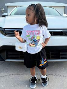 Official Authorization Disney Lilo & Stitch Summer Surf Print Kids Outfit, Toddler Girls Cute Cartoon T-Shirt & Shorts Set, Summer Casual Tracksuit For Daily Wear Theme Park Vacation, Children's Clothing Holiday Gift - trắng - Xem 2