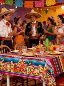 1pc Colorful Striped Mexican Fiesta Tablecloth, PE Table Cover For Cinco De Mayo Party Decoration, Disposable Easy To Clean Mexican Themed Indoor Outdoor Tabletop Decor, Mexican Holiday Celebration Gift - Mexican Fiesta - View 5