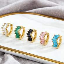 Pendientes tipo argolla de zirconia de color rectangular, joyería de estilo casual para uso diario - EK00402Verde - Ver 9