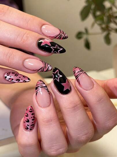 Bộ 24 móng tay giả acrylic kiểu dáng Y2K dễ thương, hình dáng trung bình dài, màu hồng mắt mèo, họa tiết da báo, ngôi sao, kèm 1 gel dán và 1 dũa móng, phù hợp cho phụ nữ/bé gái sử dụng hàng ngày và các buổi tụ họp ngày lễ, phụ kiện làm móng cho các bữa tiệc theo chủ đề.