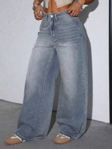 Women's Casual Loose Straight Leg Jeans With Pockets - 舊藍色 - 查看 5