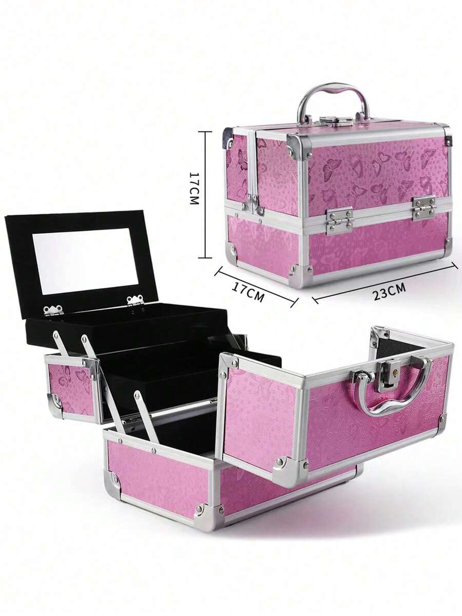 1pc Portable Makeup Bag With Mirror, Professional Makeup Tools, Large Capacity Waterproof Multifunctional Travel Cosmetic Organizer - Pink - View 1