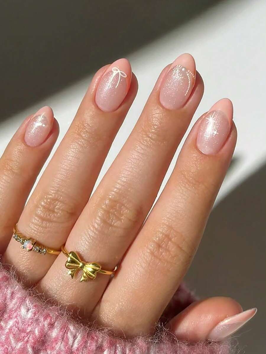 30pcs/Set Short Almond French Gentle Cream Pink Pearl Starburst Bow Simple Press-On Nail Patches, Removable Full Cover False Nail Patches, Suitable For Office Ladies, Parties, Dates, And Daily Wear. Full Cover False Nail Patches + 1 Bottle Of Jelly Glue + 1 Nail File, Decorate Your Nails, Enhance Your Fashion Taste. - Multicolor - View 1
