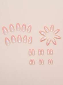 30pcs/Set Short Almond French Gentle Cream Pink Pearl Starburst Bow Simple Press-On Nail Patches, Removable Full Cover False Nail Patches, Suitable For Office Ladies, Parties, Dates, And Daily Wear. Full Cover False Nail Patches + 1 Bottle Of Jelly Glue + 1 Nail File, Decorate Your Nails, Enhance Your Fashion Taste. - Multicolor - View 3