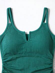 Women's Sleeveless Ribbed Tankini Set With Floral Drawstring Shorts, Casual Elegant Spaghetti Strap Bathing Suit - 墨綠色 - 查看 4