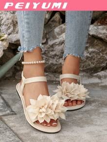 Sandalias planas suaves y elegantes, Mules de mujer con puntera abierta y estampado floral, Adecuadas para citas, uso casual y exteriores - Beis - Ver 3