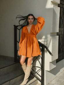 New Spring/Summer Elegant Fashion Sexy Deep V-Neck Puff Sleeve Casual Mini Dress For Women, Vacation Boho & Western & Tropical & Sun Dress - 橘色 - 查看 12