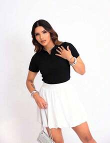 Women's Polo Shirt, Basic, Casual, Social, Work, Ribbed Cotton, Short Sleeves, Summer, Everyday, Elegant - 黑色 - 查看 2