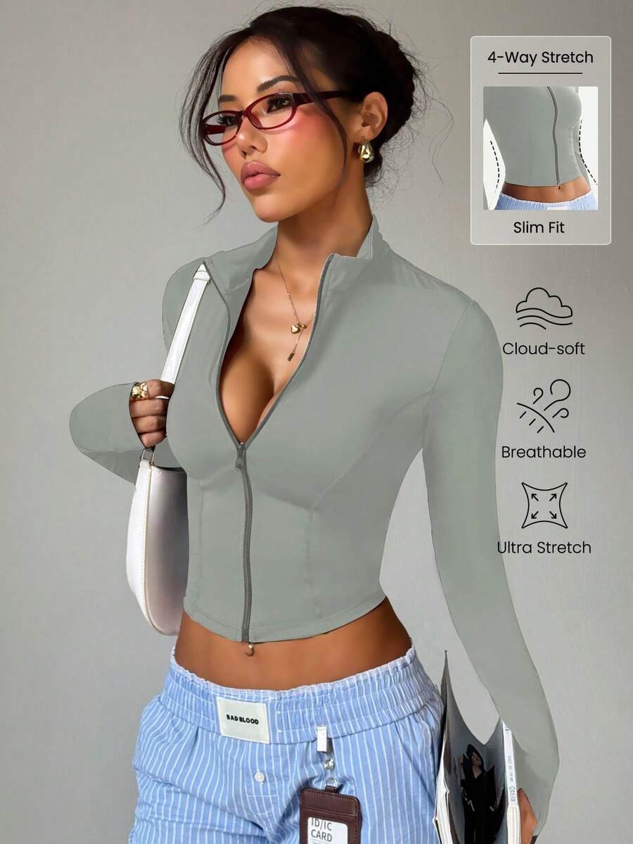 Women's Solid Color Stand Collar Zipper Long Sleeve Thumb Hole Minimalist Fashion Sports Jacket Spring - Grey - View 1