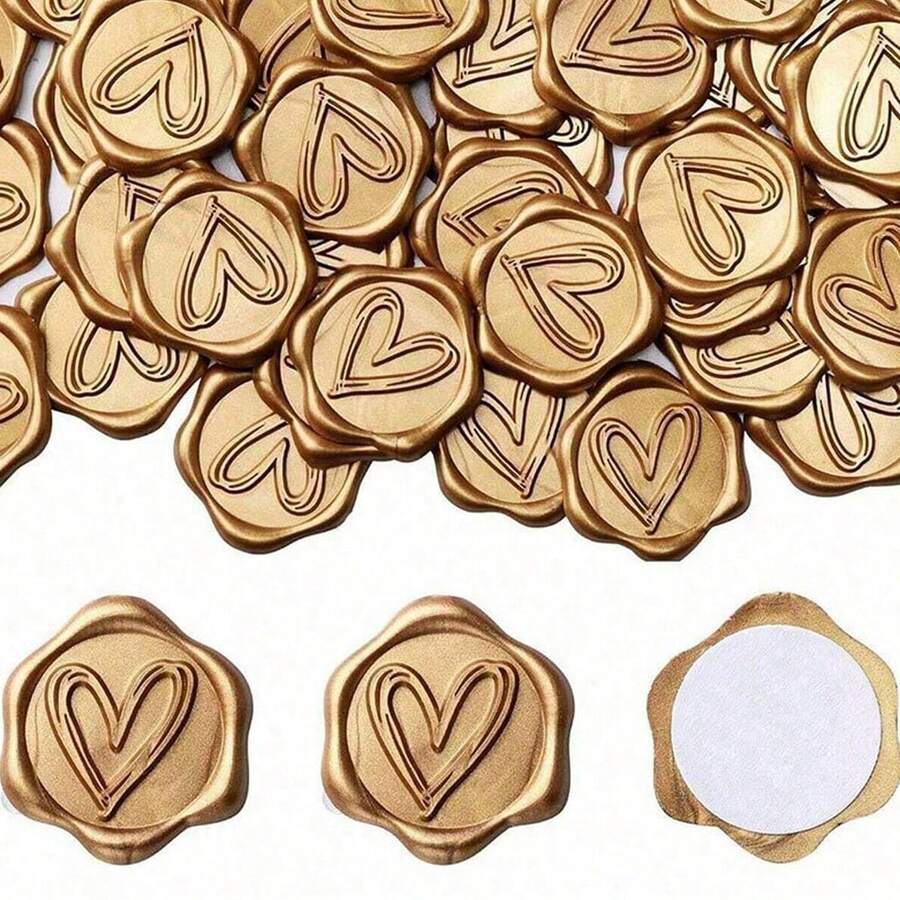 10/20/30/50/100 piezas Pegatinas de lacre autoadhesivas con forma de corazón/invitación/romero/corona/lazo, adecuadas para regalos, invitaciones de boda, sellado de sobres - Marrón - Ver 1