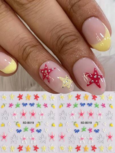Pegatinas de uñas 5D, pegatinas de arte de uñas con estrellas de mar, limones y flores de estrella en relieve con estilo de playa y océano de verano, suministros de uñas DIY, pegatinas de uñas sensibles a la presión