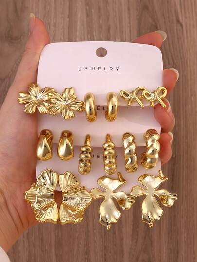 4-16pcs Fashionable Gold Tone Earring Set For Women, Includes Floral/Bow, Symmetrical Leaf, And Textured C-Shape Designs, Suitable For Versatile Outfits