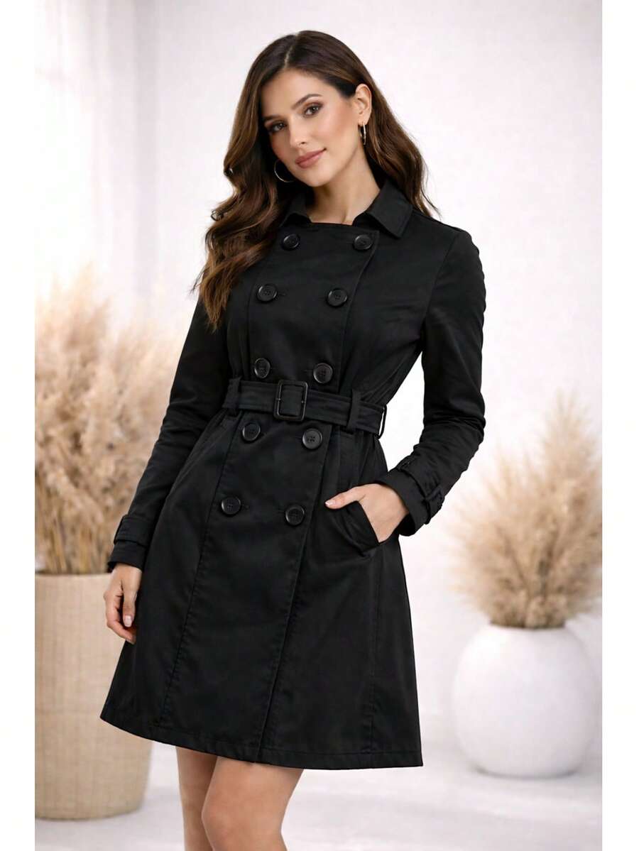 Elegant Women's Overcoat With Belt, Double Buttons, Fitted Jacket, Premium Winter Fashion - 黑色 - 查看 1