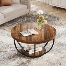 Round Coffee Table, 31.7" Wooden 2-Tier Circle Coffee Table With Storage Shelves, Modern Accent Cocktail Table Center Table For Living Room, Rustic Brown - Rustic Brown - View 3