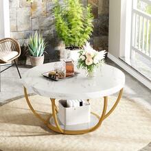 32" Round 2-Tier Coffee Table With Open Storage, Industrial Circle Accent Center Table For Living Room, Tea Table White & Gold With Metal Legs, Wood Top– Easy Assembly - Trắng và Vàng - Xem 11