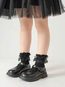 1 Pair Girls' Fluffy Lace Trim Socks, Cute Princess Dance Tights - Black - View 2