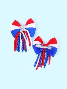 2 pièces Épingles à cheveux avec nœuds pour le 4 juillet et le Memorial Day, nœuds de cheveux à pompons bouclés blanc bleu rouge, épingles à cheveux avec étoiles pailletées et rayures, barrettes de drapeau américain, accessoires de cheveux mignons pour cadeaux de fête des filles - Multicolore - Voir 4