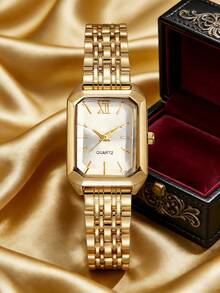 SOKI SOKI Montre pour femme, mode décontractée élégante, unique, vintage, cadran rectangulaire, bracelet avec strass, ensemble de bijoux, entraînement électronique et affichage à aiguilles, convient pour le port quotidien, la rentrée scolaire, cadeau d'anniversaire, fête et port décoratif pour les vacances - Doré - Voir 8